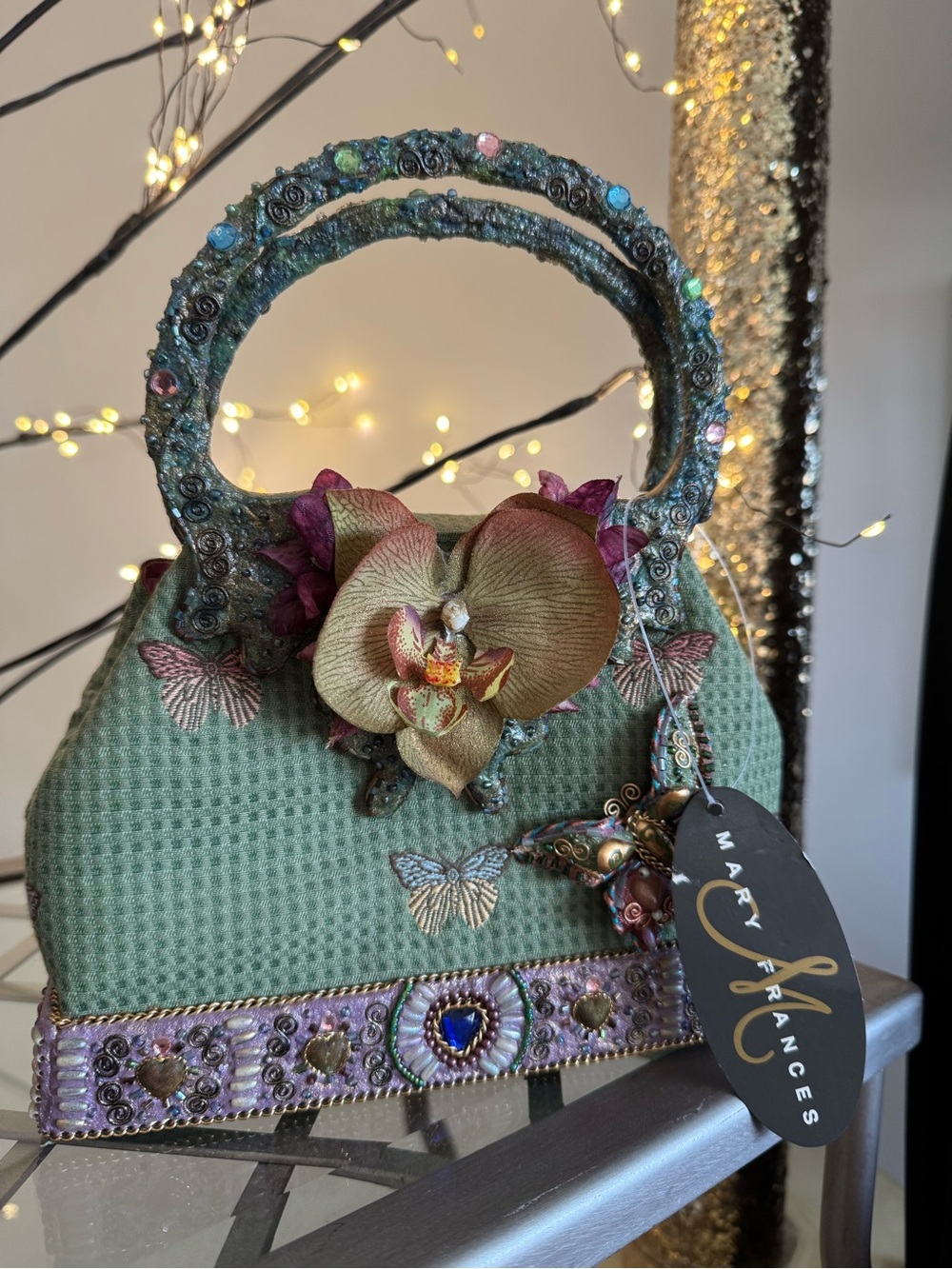 Mary Frances Sage Green Embellished Mini Handbag with Purple Accents